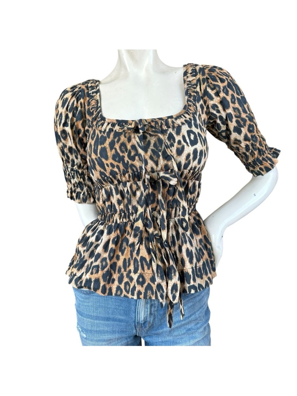 Revolve Damson Madder Leopard Print Puff Sleeve Bow Front Milkmaid Top US 2 UK 6